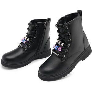 Kids Black Leather Boots Toddler Girl Boots DIY Combat Ankle Boots Side Zipper